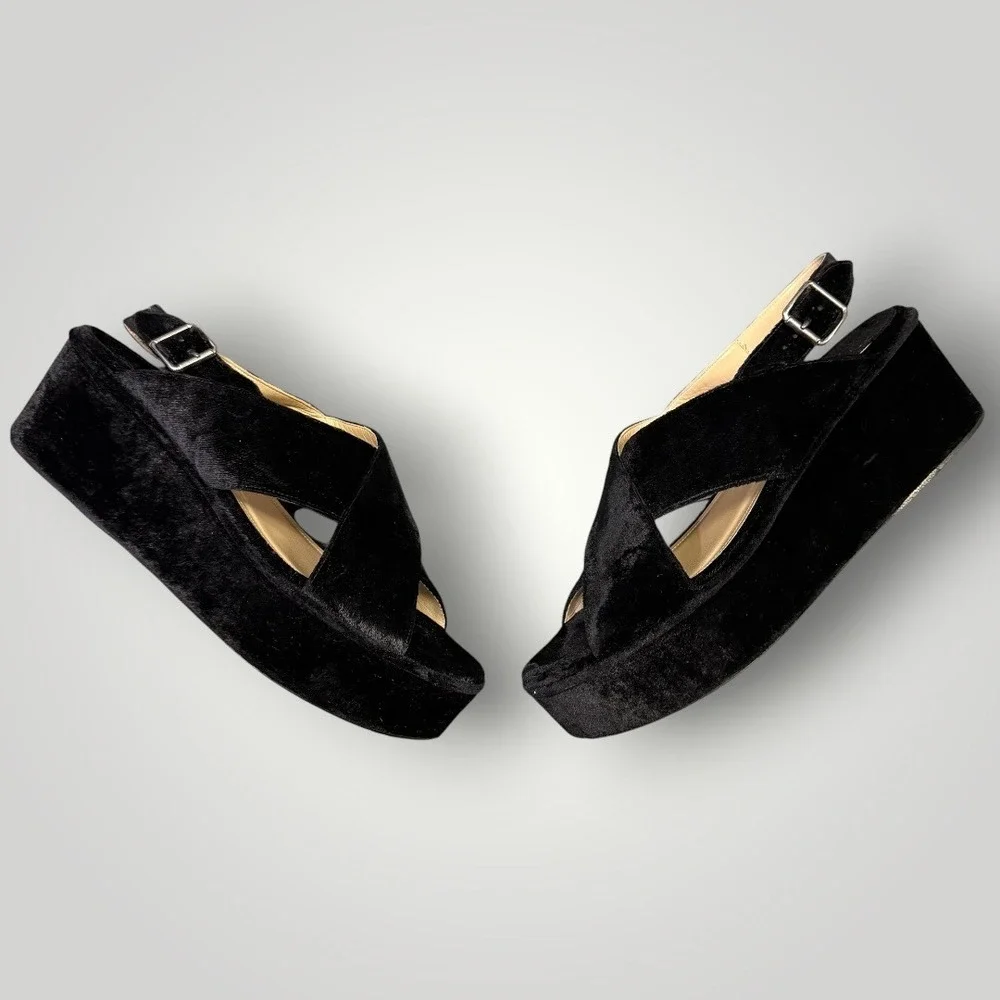 Theory Black Velvet Platform Wedge Slingback Sandals Made in‎ Italy Size 40.5